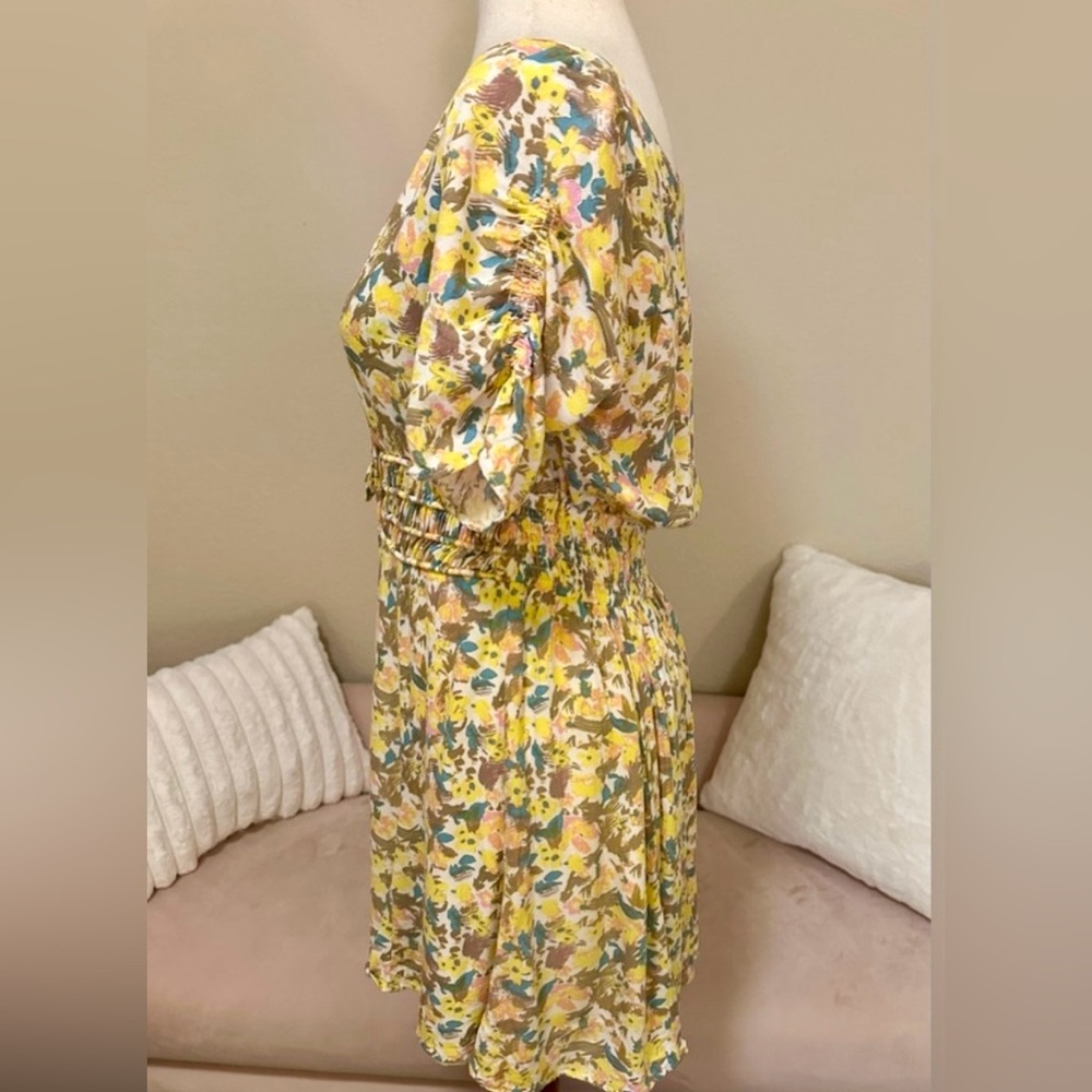 Free People Forget Me Knot yellow floral tie front V neck minidress women’s Sz 8 - Picture 4 of 14